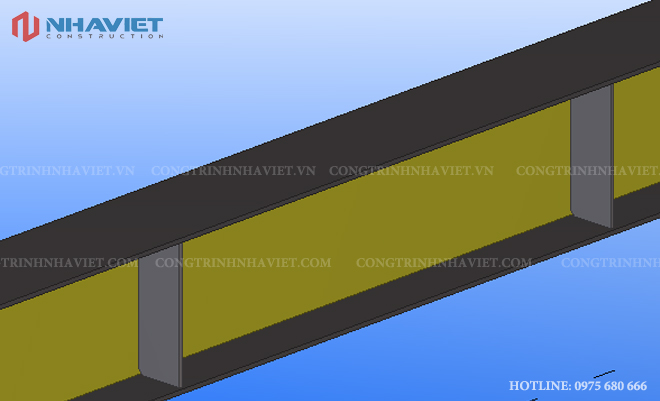 Liên kết sườn gia cường dày 6mm cho toàn bộ hệ thống dầm thép tổ hợp.